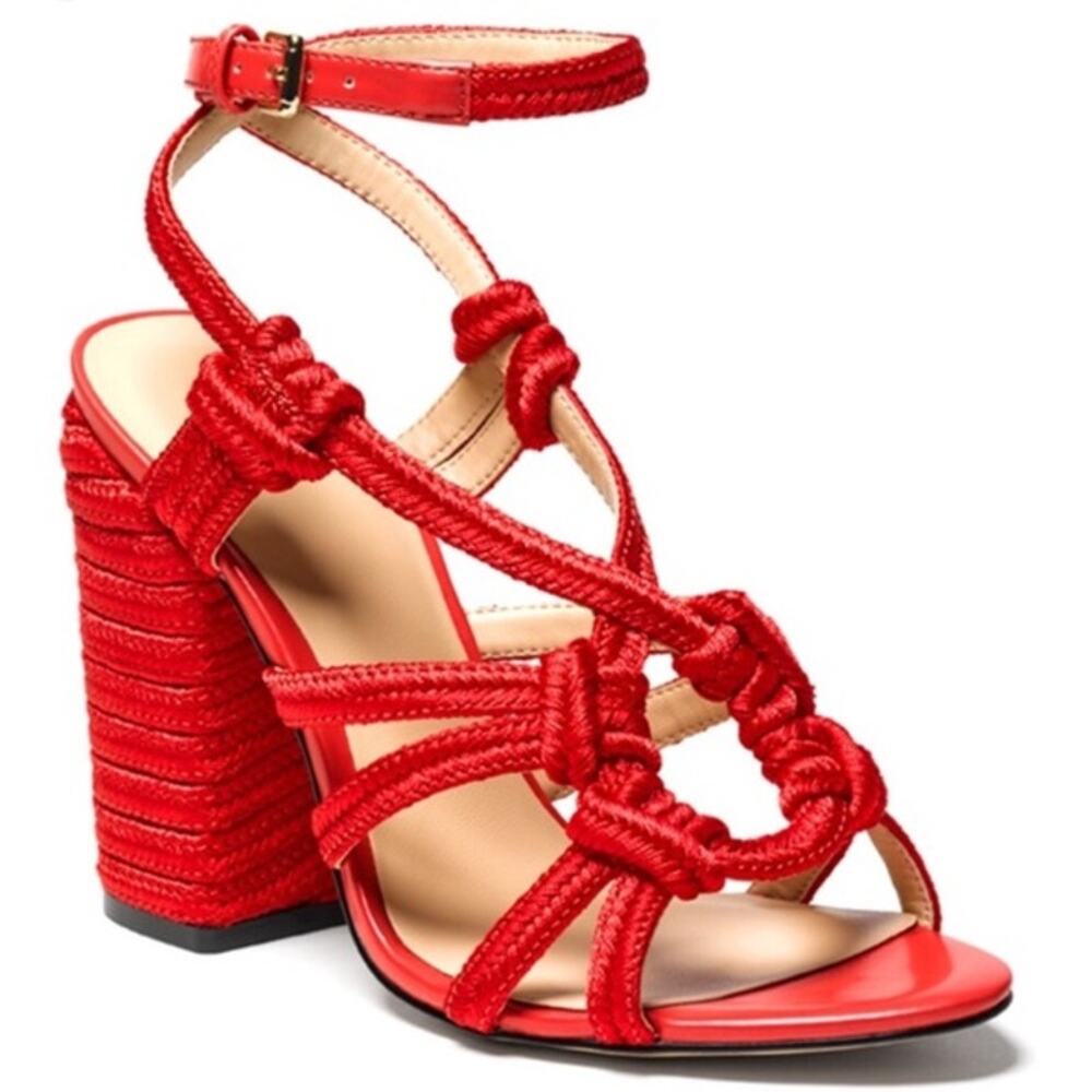 cabi Tiptoe Rope Knot Block Heel Sandals Red 4.5" Heel Size 9